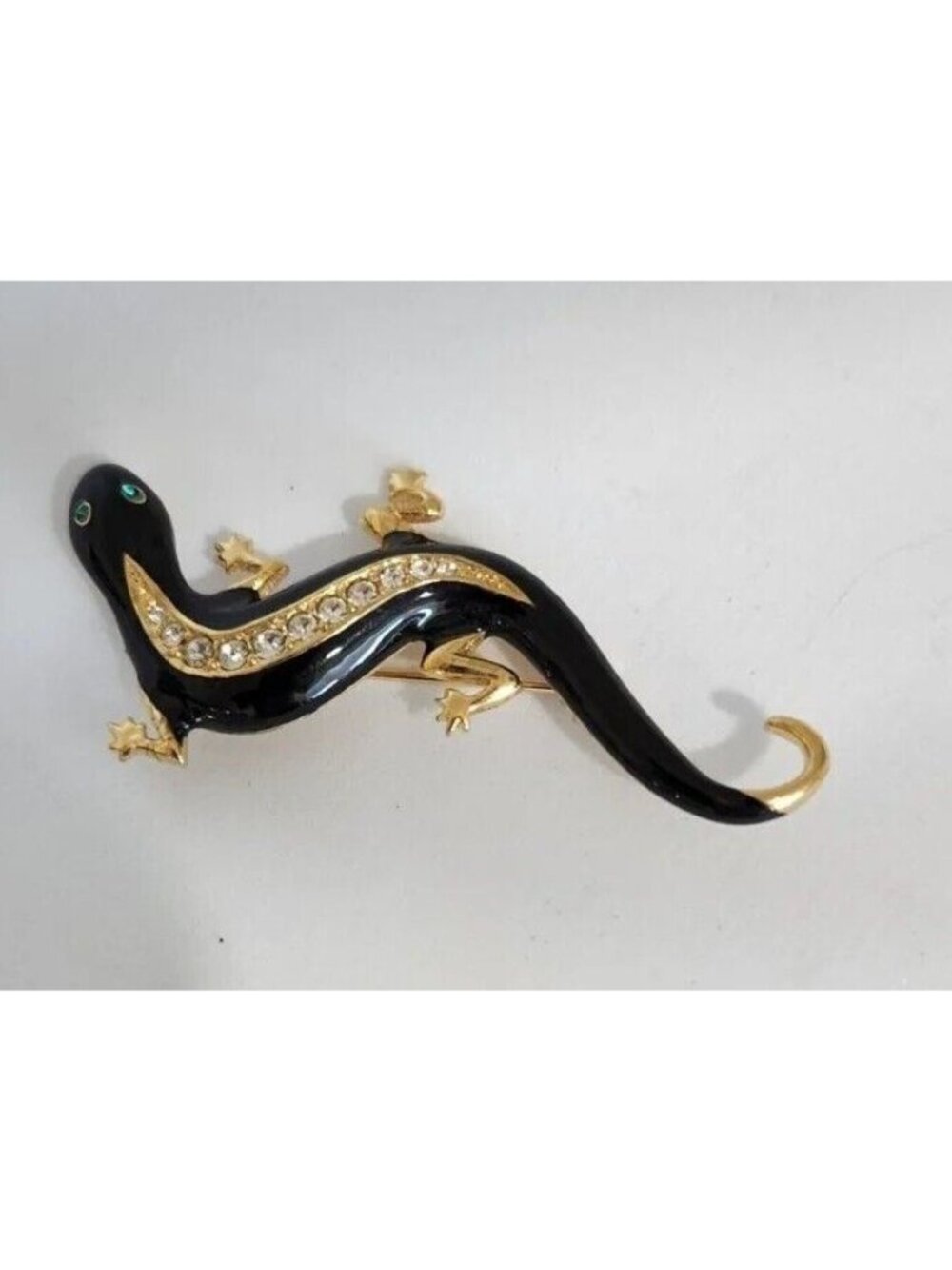 AVON GOLD, BLACK, SALAMANDER, LIZZARD BROOCH W/RHINESTONES 2 3/4" LONG & 1 1/4"